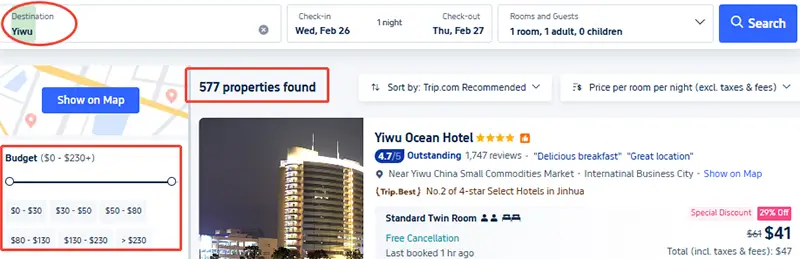viaje para reservar hoteles en Yiwu (China)