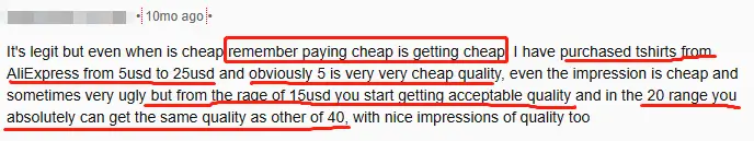 AliExpress users' comments on item quality