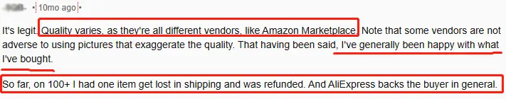 Reddit comment on AliExpress
