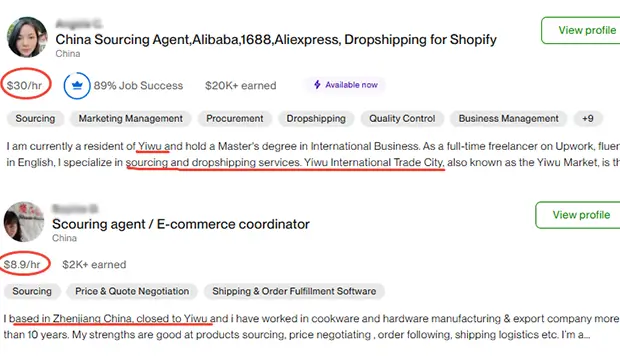 Un agent de Yiwu facture par projet sur Upwork