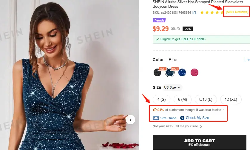 check size and reviews on shein